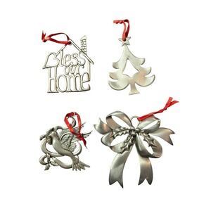 Vintage Christmas Tree Ornaments Pewter Bless Our Home Dove Bow Lot of 4